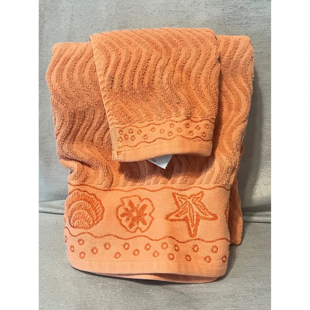 The Standard by Cobra Peach Coral Cotton Towel Set Starfish Seashell Coastal 2pc
